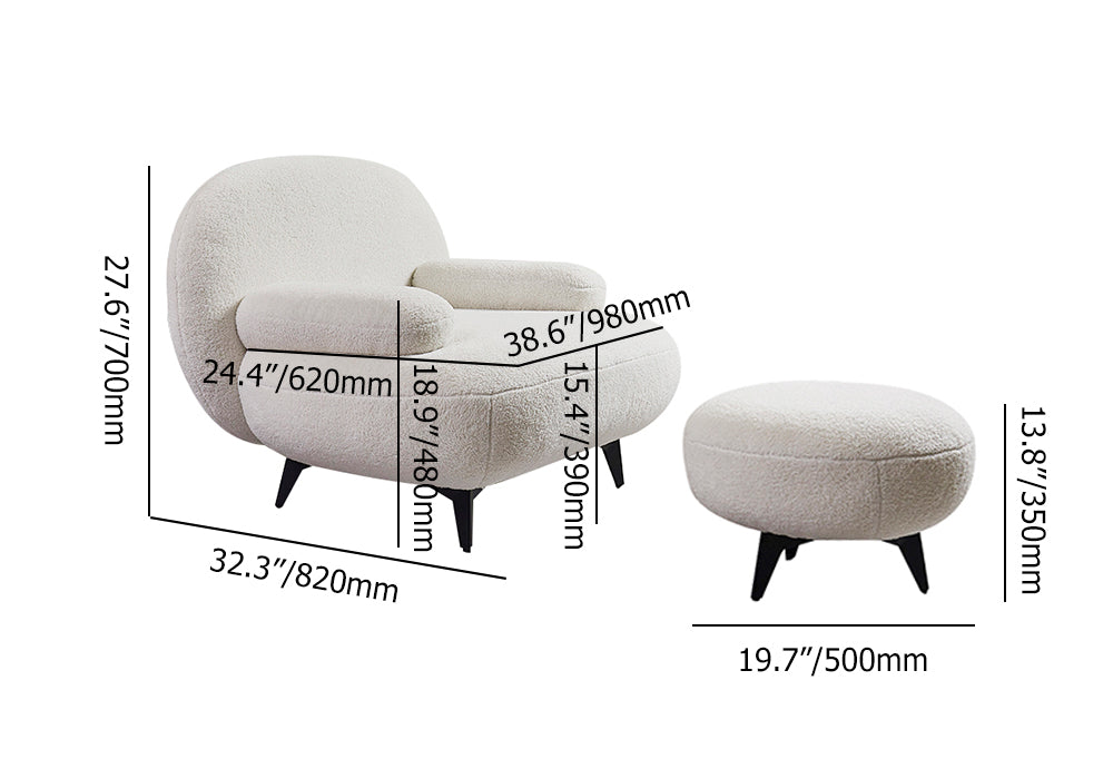 White cream boucle accent chair with matching pouf ottoman for modern lounge seating