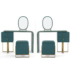 Expandable green makeup vanity set with stylish mirror and side storage