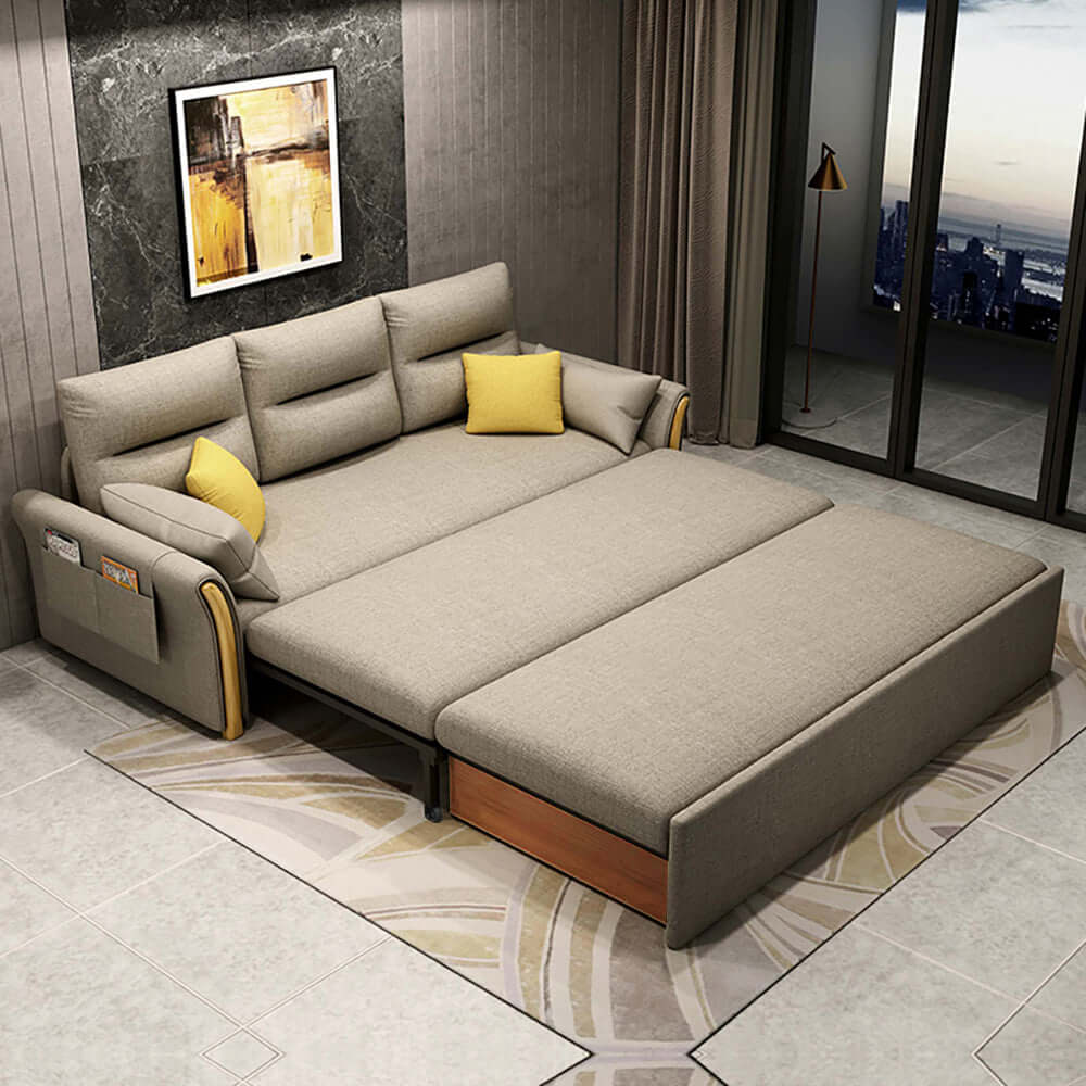 Comfortable cotton & linen upholstered convertible sofa bed with storage function