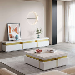 White sintered stone coffee table with wood drawers and TV stand set for home decor