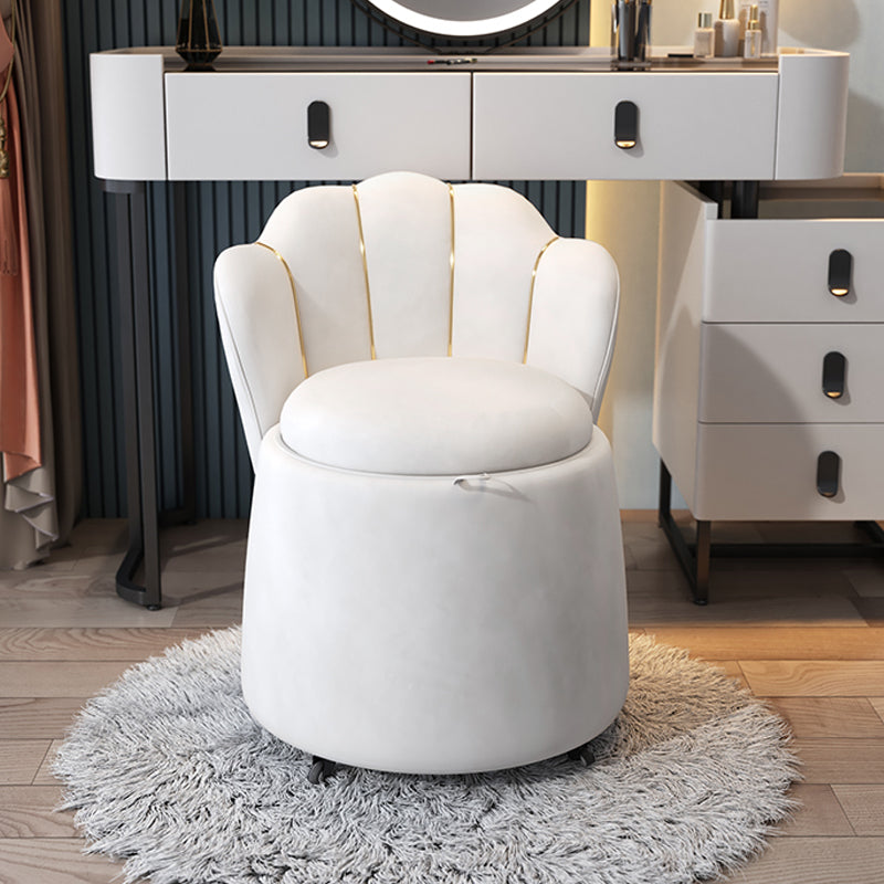 Elegant modern white swivel velvet vanity stool with petal back design for makeup room decor