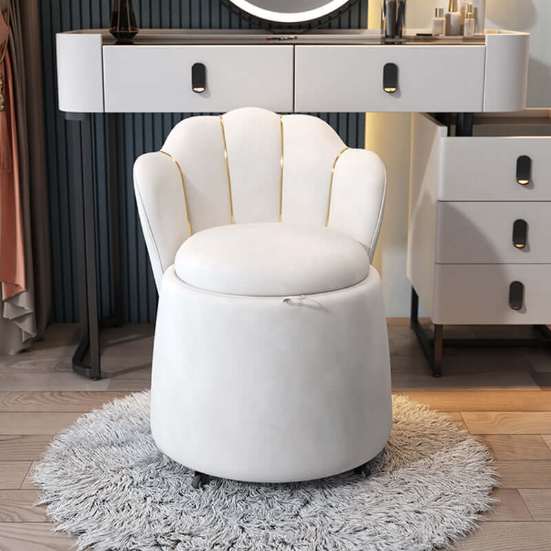 Elegant modern white swivel velvet vanity stool with petal back design for makeup room decor メイン画像