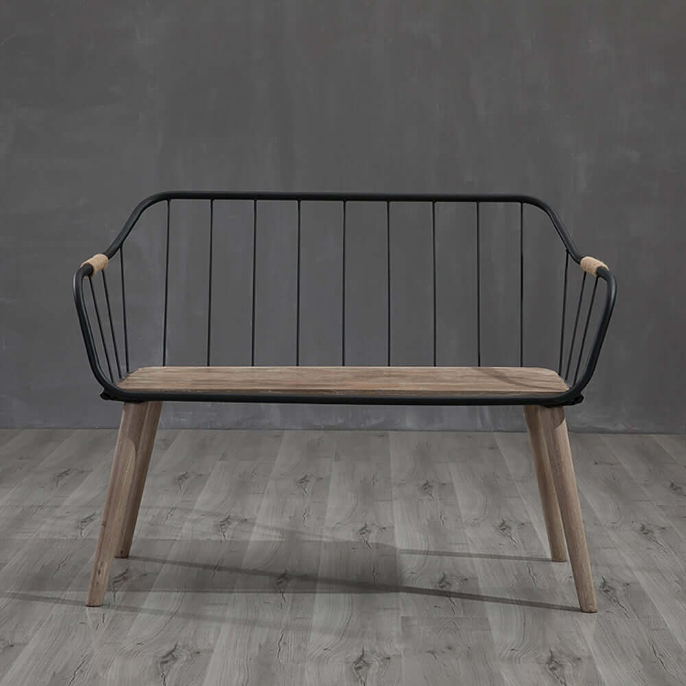 Charming wooden bench with backrest and armrests, ideal for backyard picnics