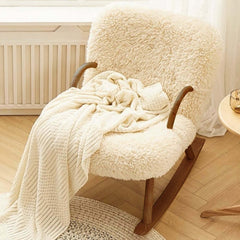 Contemporary Solid Wood Rocking Chair in White Gray Boucle Sherpa Upholstery