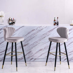 Attractive set of 3 blue velvet bar stools with backrest for contemporary kitchens