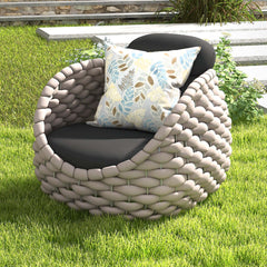 Contemporary armchair with durable woven textilene rope and gray cushion for outdoor use