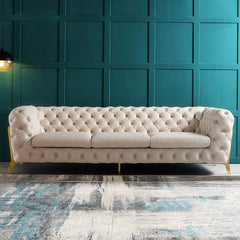 Beige modern chesterfield sofa with 91-inch length and 3-seater capacity, button tufted leathAire upholstery