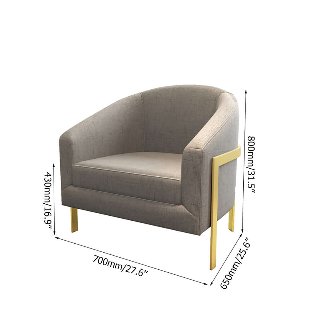 Elegant gray modern accent chair with cotton & linen upholstery and gold metal frame