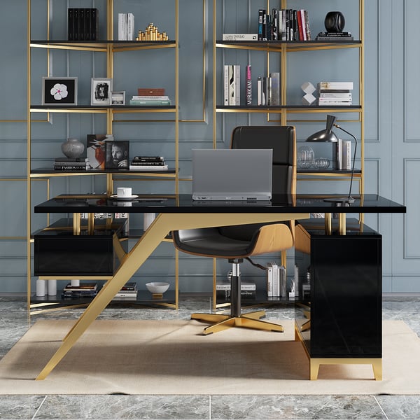 Black modern wooden executive writing desk and chair set for home office, 71 inches
