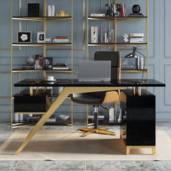 Black modern wooden executive writing desk and chair set for home office, 71 inches