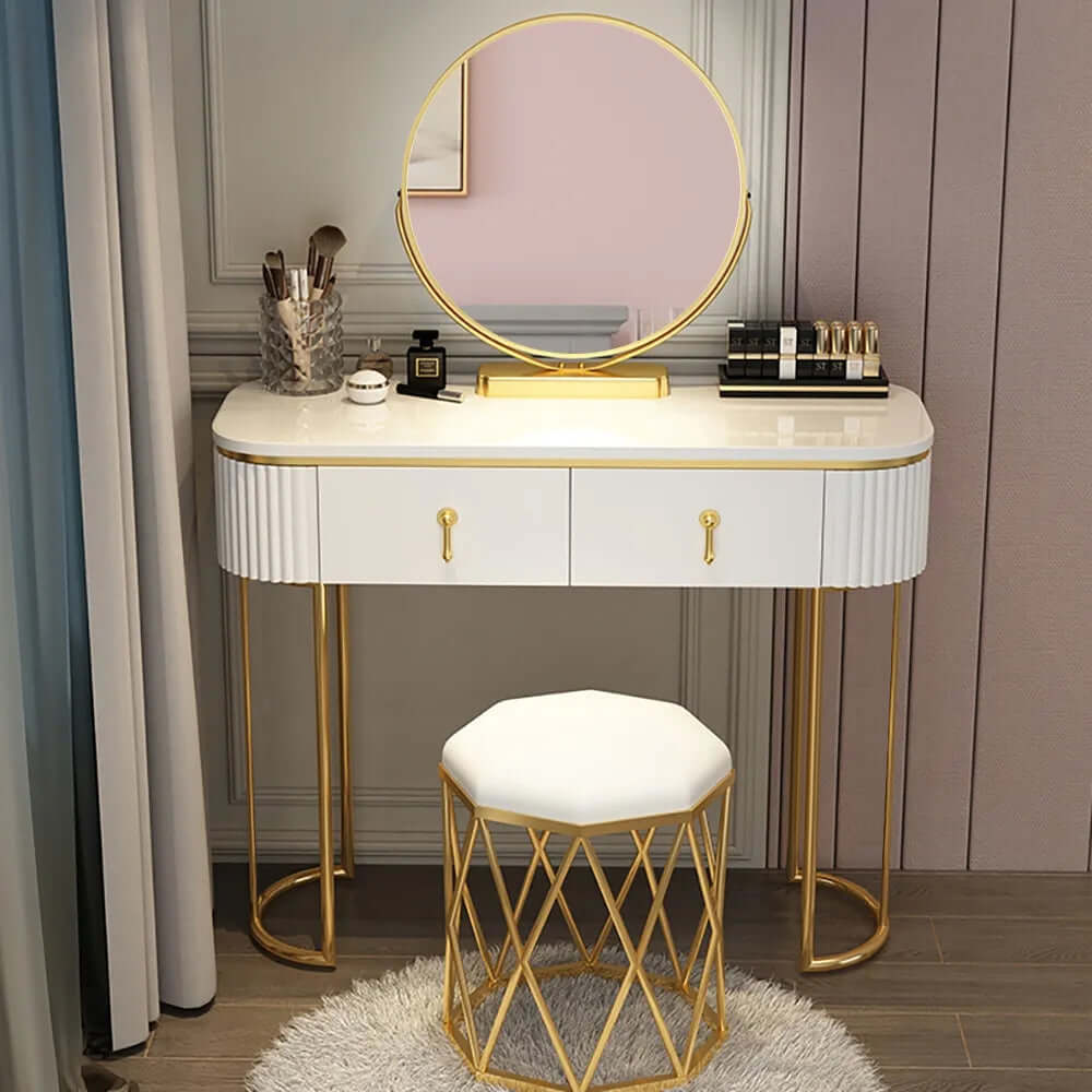 Nordic White Glossy Makeup Vanity with Oval Design and 2 Spacious Drawers