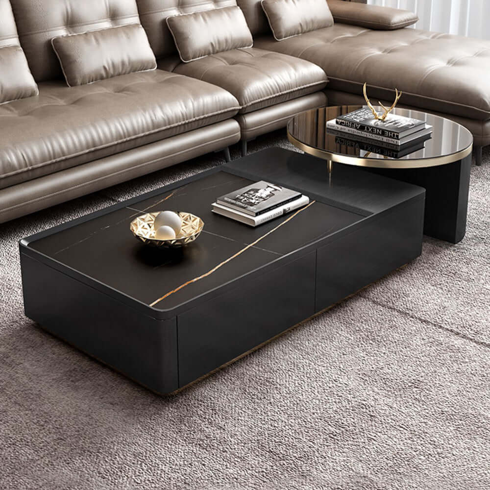 Modern Black Nesting Stone & Glass Coffee Table Set with 4 Storage Drawers Set of 2 - Sophisticated Contemporary Design for Living Room Decor Hauptbild