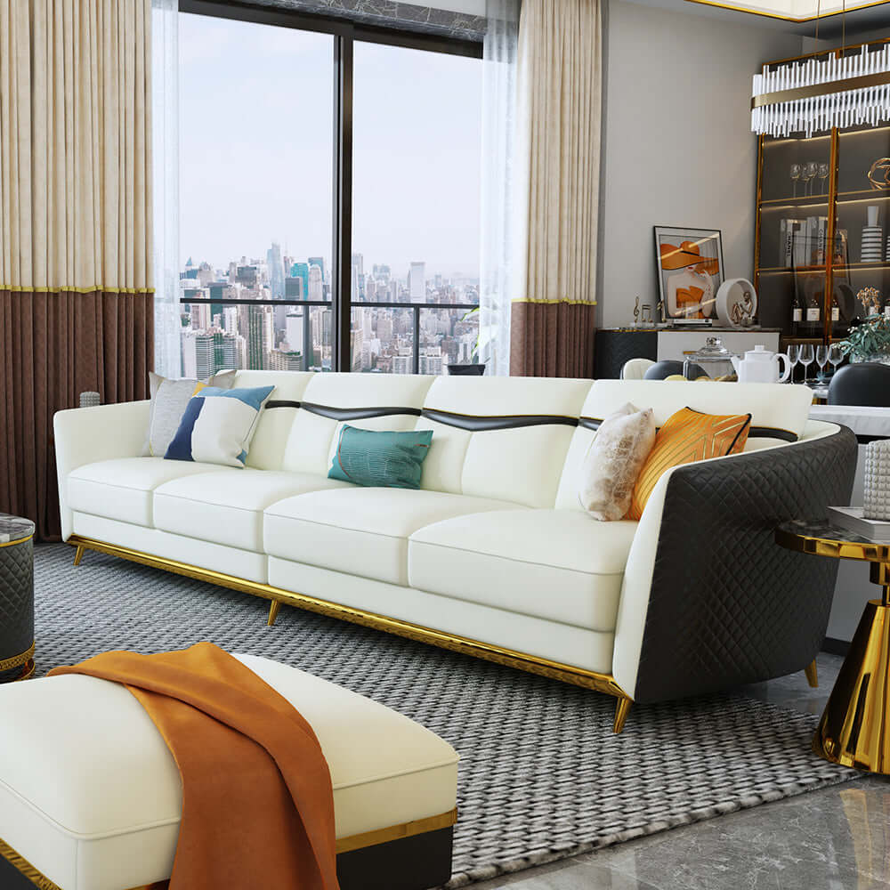 110.2 inch modern faux leather 4seater sofa with stainless steel frame in black メイン画像