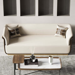 Trendy rectangle sofa in off-white and brown with 3-seater Microfiber Leather Upholstery