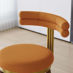 Pair of MidCentury Modern Orange Bar Height Stools with Backrest and Plush Velvet Upholstery for Comfortable Seating