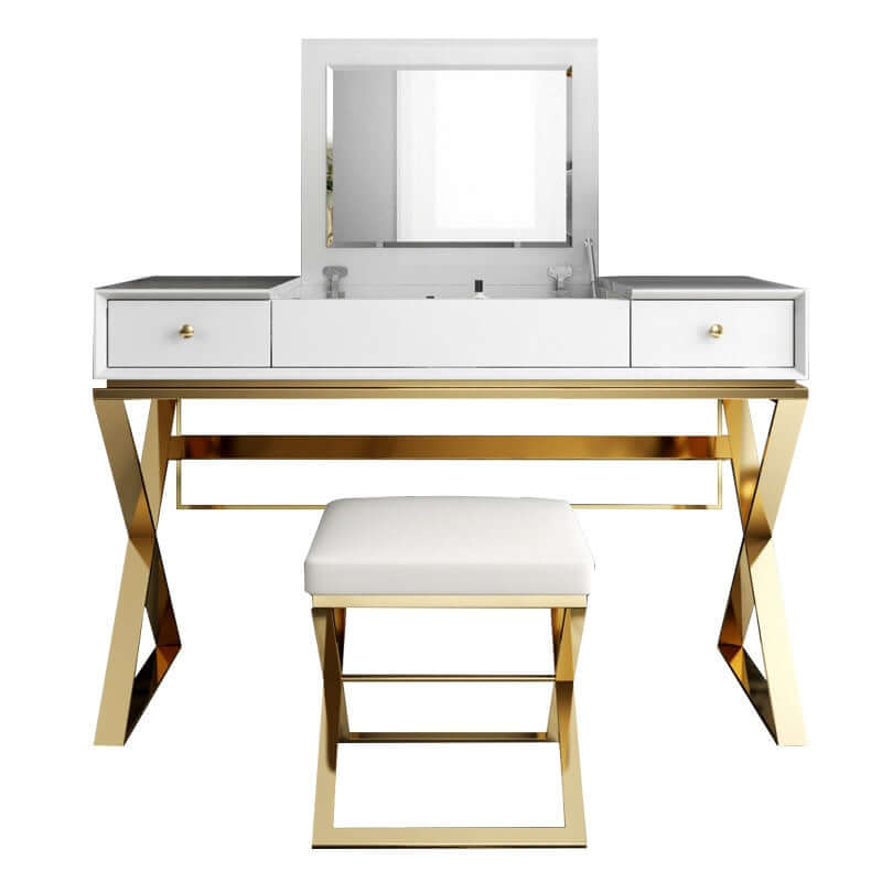 Chic wood makeup vanity table with mirror and stool set in stainless steel gold finish