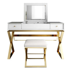 Chic wood makeup vanity table with mirror and stool set in stainless steel gold finish