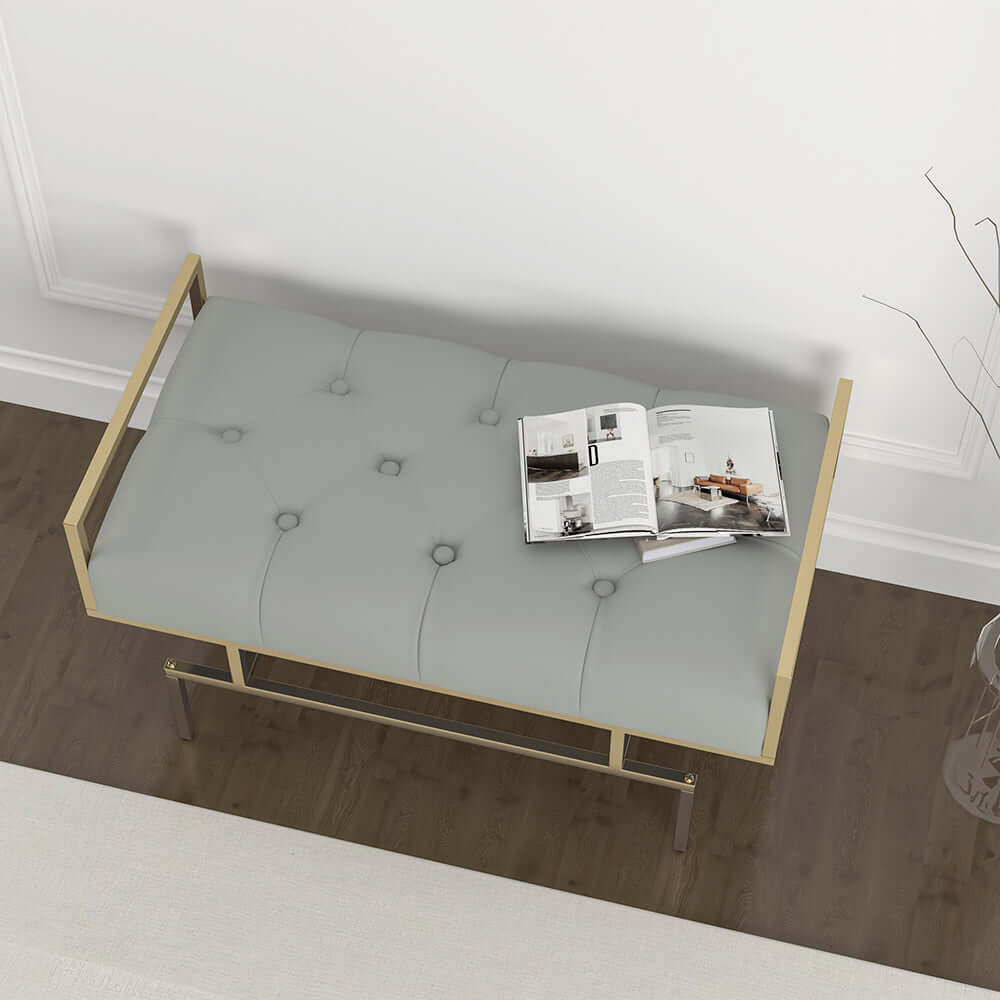 Chic 31.5'' gray faux leather upholstered bench with elegant gold metal legs