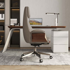 Swivel executive chair in white leather with adjustable recline and high back support