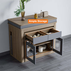 Contemporary walnut and gray dining set with extendable table, 4 chairs, and stylish storage sideboard