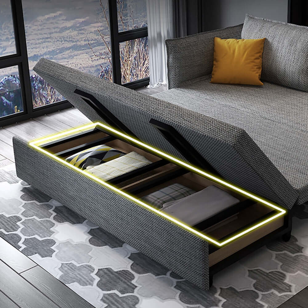 Convertible Sofa with Storage - Cotton&Linen Upholstered Full Sleeper Sofa in Neutral Color