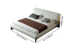 Modern white boucle platform bed with upholstered headboard in king size for contemporary bedroom decor