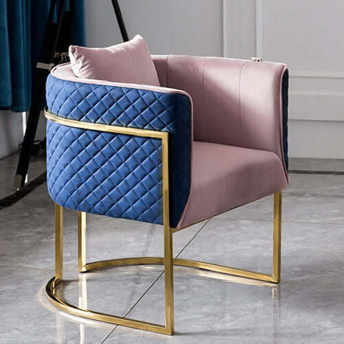 Pink and blue velvet upholstered club chair with gold barrel accent chair Main image