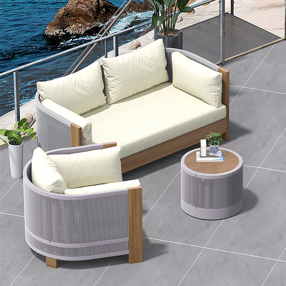 3Pcs Outdoor Sofa Set with Teak Round Coffee Table & Woven Rope Chair in Natural & Gray
