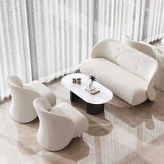 Trendy white boucle chair with see-through acrylic and stainless steel legs