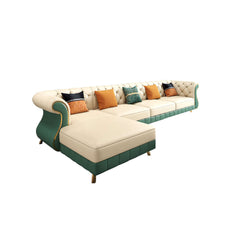 Elegant beige and green faux leather sectional sofa with left chaise, 126 inches long