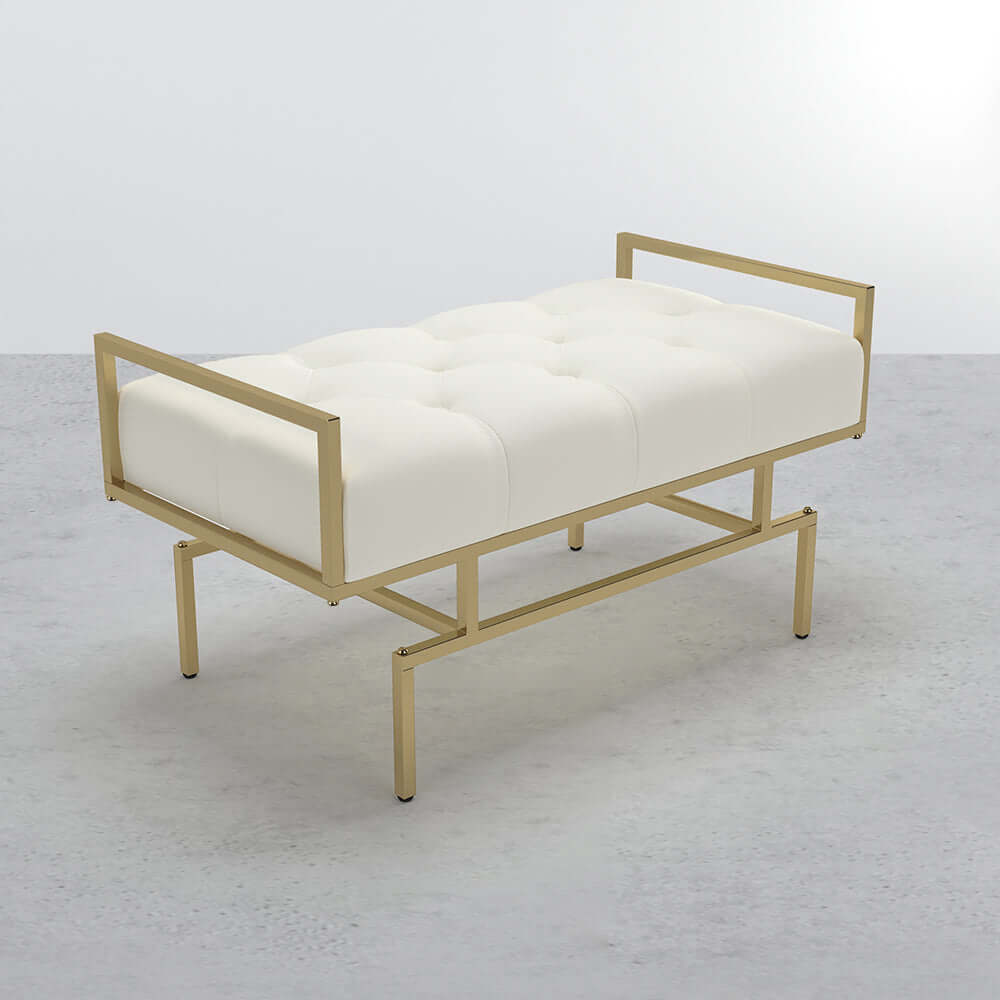 Modern gray faux leather upholstered bench with gold metal legs in 31.5-inch size