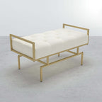 Modern gray faux leather upholstered bench with gold metal legs in 31.5-inch size