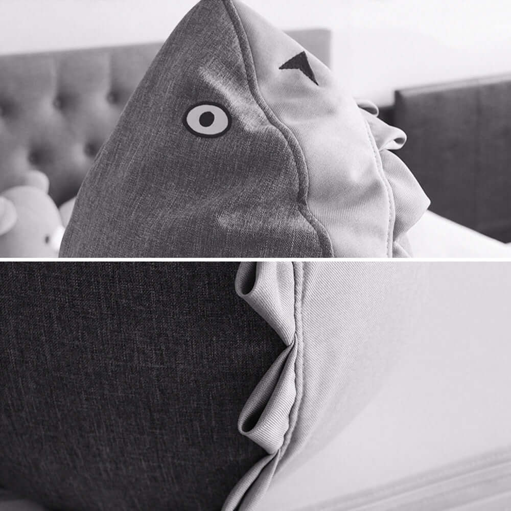 Soft grey fabric beanbag chair designed in shark shape for kids' comfort