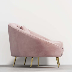 63 inch pink velvet curved sofa with gold metal frame and matching toss pillow, modern style