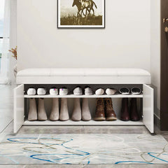 Elegant white entryway bench with faux leather upholstered seat