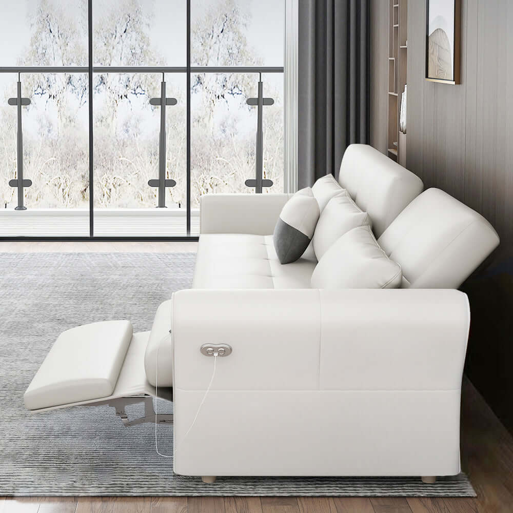 Convertible tufted white leather sofa bed with power reclining feature