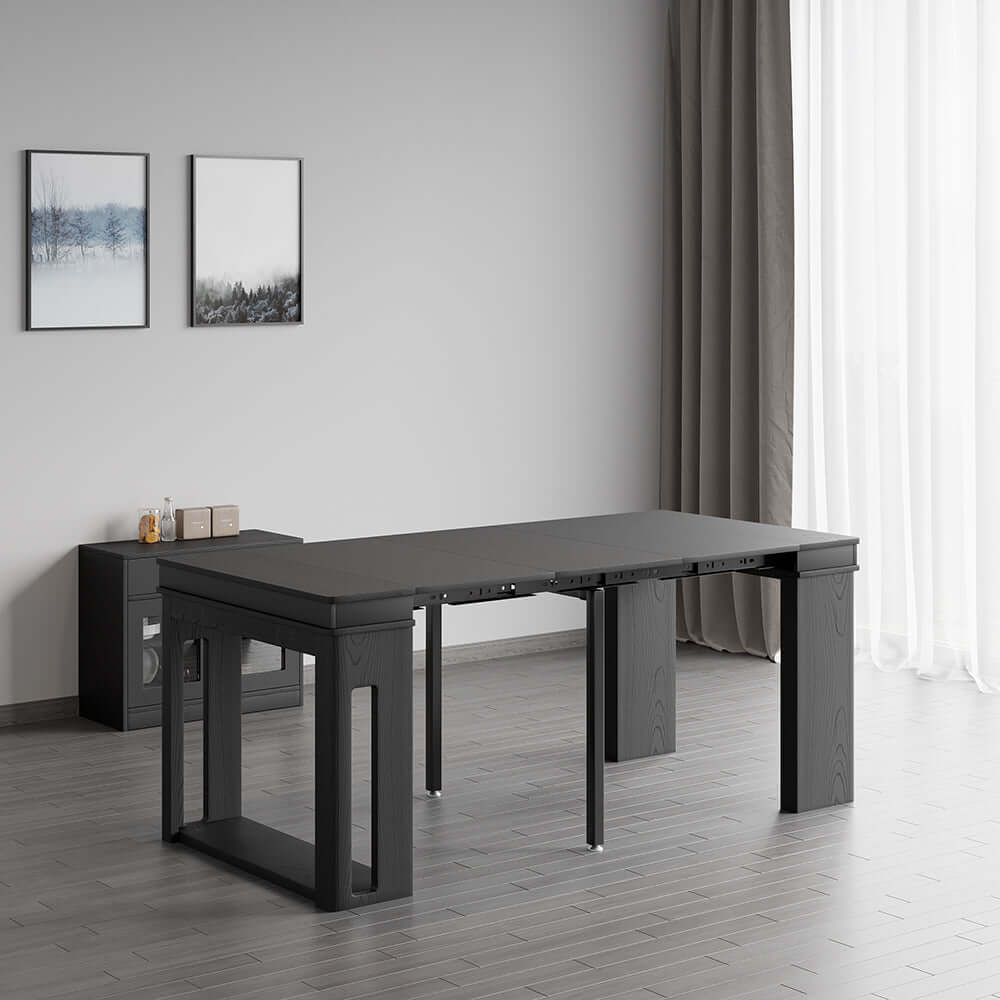 Modern extendable dining table with 4 chairs and rectangle storage sideboard in elegant walnut and gray finish