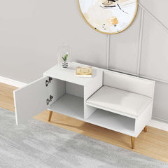 White shoe rack bench with storage cabinet and shelf - modern upholstered hallway organizer