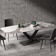 Contemporary stone top dining set with 8 cushioned chairs