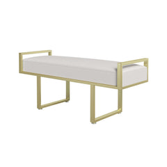 Elegant gray upholstered bench with gold legs, perfect for modern bedroom and entryway