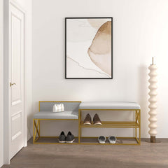 Sleek modern white upholstered entryway bench with gold legs