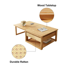 Rustic wooden folding coffee table set paired with rattan nesting accent table