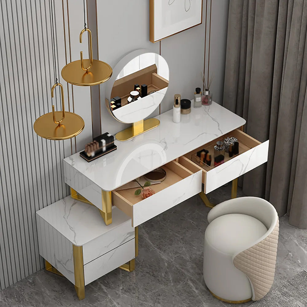 Modern White Makeup Vanity Set with Stone Top & Cabinet Mirror & Stool Included
