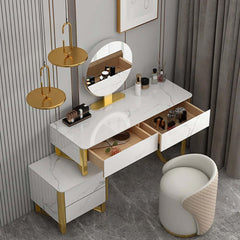 Vanity set with stone top and cabinet mirror, perfect for contemporary makeup station