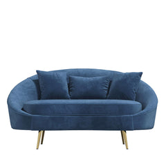 Modern pink velvet sofa with curved design, gold metal frame, and toss pillow, 63 inch length