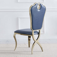 Contemporary upholstered dining chair in trendy blue with elegant golden frame, set of 2