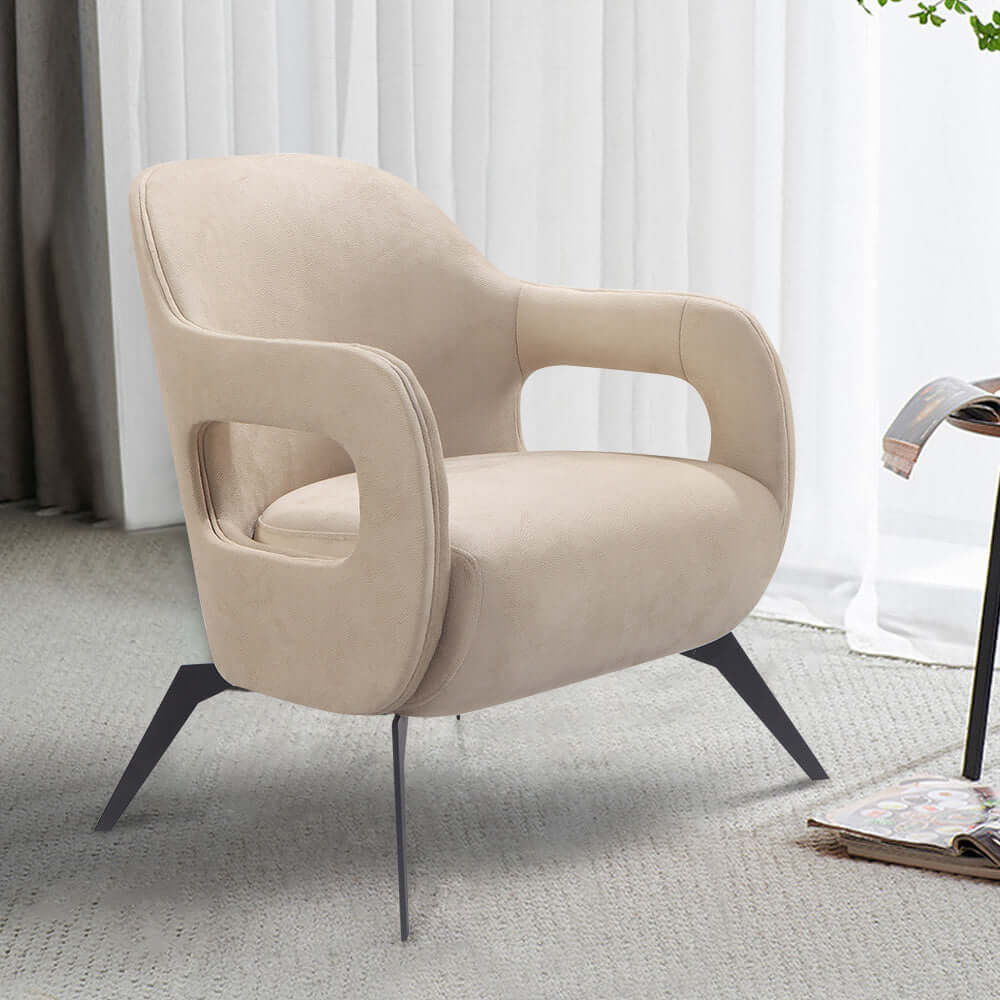 Beige Fabric Accent Chair with Opened Arms and Metal Legs for Living Room Decor