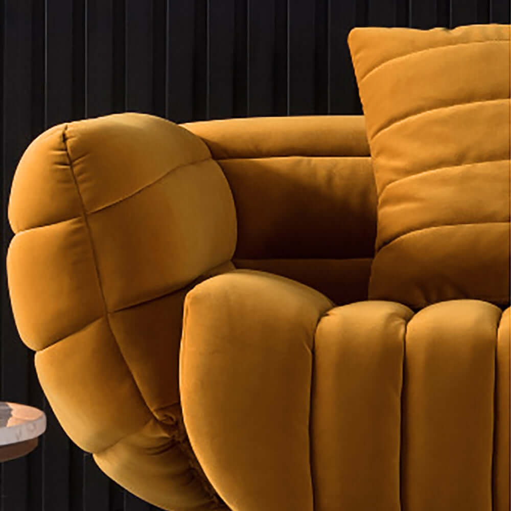 Elegant 85-inch yellow velvet couch with luxurious upholstery and comfortable seating