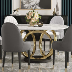 Classy white and gray 6-chair dining set with 53-inch sintered stone top round table