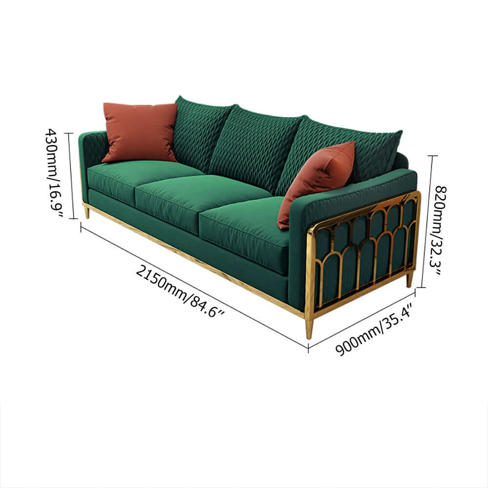 Green velvet upholstered sofa with sturdy wood frame and stylish gold legs